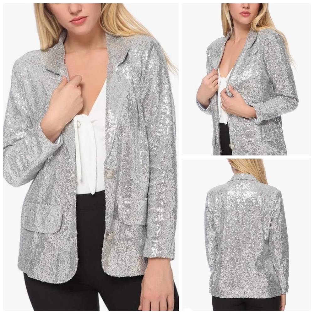 Anna Kaci Silver Sequin Sparkle Shiny Blazer